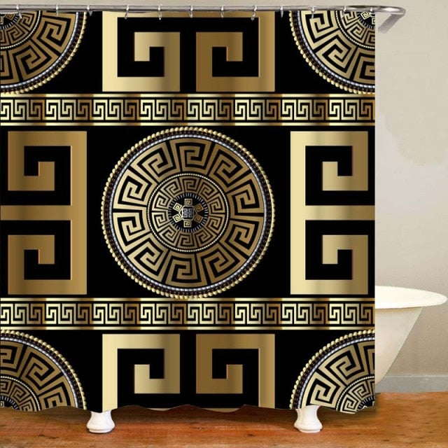 Habillage Salle de bain luxueux / 3D Luxury Black Gold Greek Key Meander Bathroom Curtains Shower - kadopascher