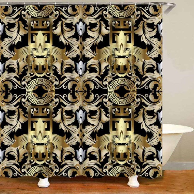 Habillage Salle de bain luxueux / 3D Luxury Black Gold Greek Key Meander Bathroom Curtains Shower - kadopascher