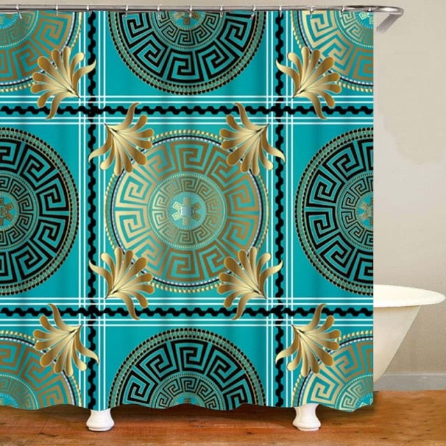 Habillage Salle de bain luxueux / 3D Luxury Black Gold Greek Key Meander Bathroom Curtains Shower - kadopascher