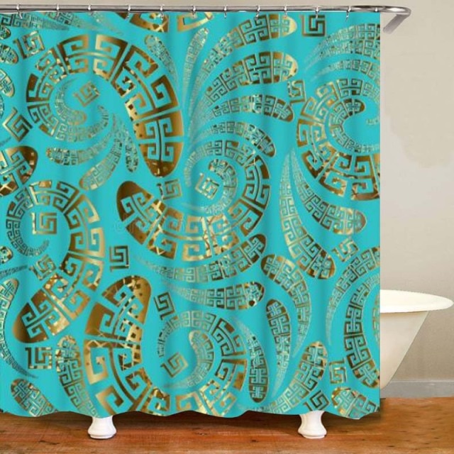 Habillage Salle de bain luxueux / 3D Luxury Black Gold Greek Key Meander Bathroom Curtains Shower - kadopascher