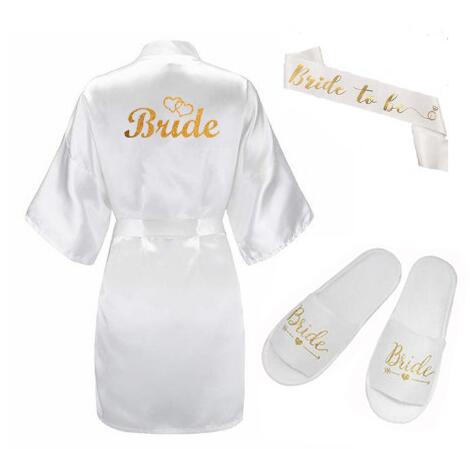 3pc set of glitter gold bride satin short bride robe slippers bridal sash peignoir women Bridal Party 2019 kimono robe - kadopascher