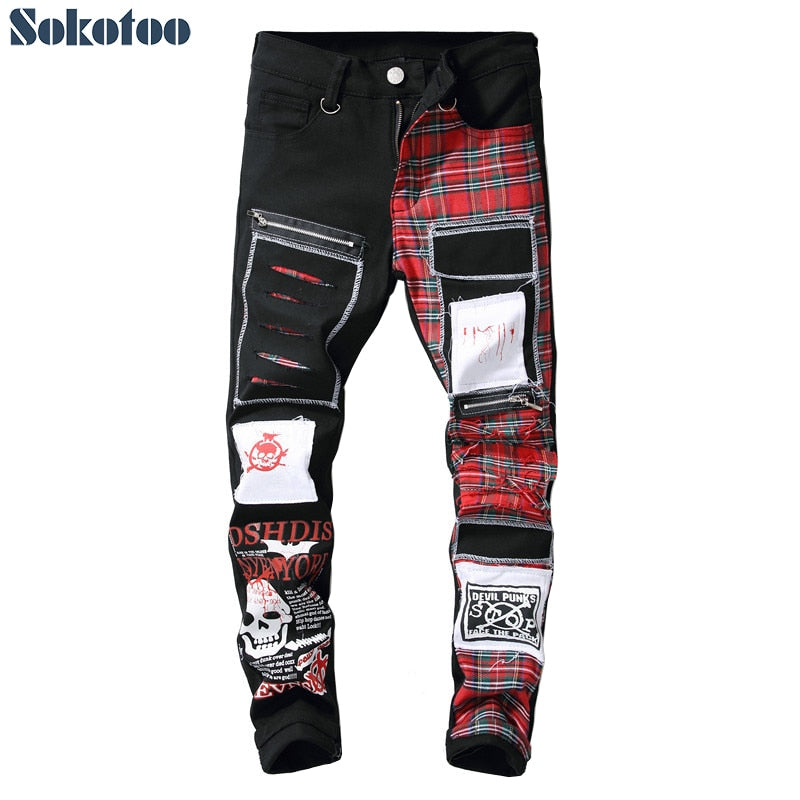 jeans patchwork homme / Trendy patchs design noir denim / pantalon long luxe homme - kadopascher.com