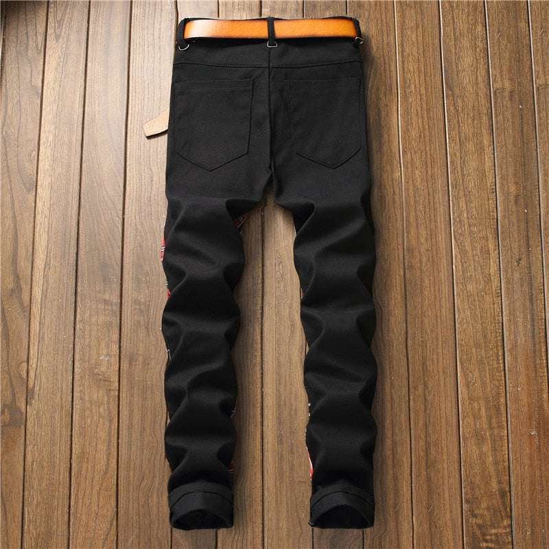 jeans patchwork homme / Trendy patchs design noir denim / pantalon long luxe homme - kadopascher.com