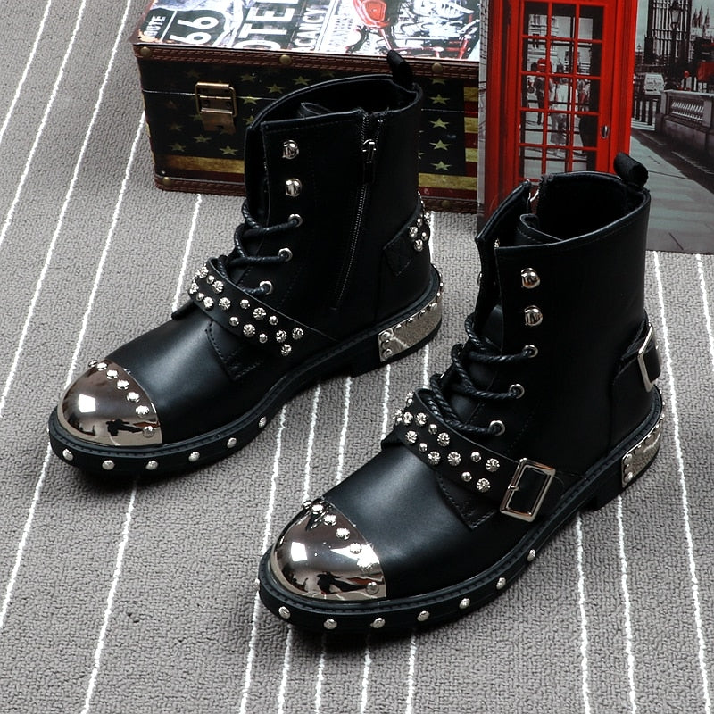 Bottes Marque De Luxe Hommes Rivets Punk Bottes Printemps Automne Hommes Bottes En Métal High Top Hommes Sneakers - kadopascher.com