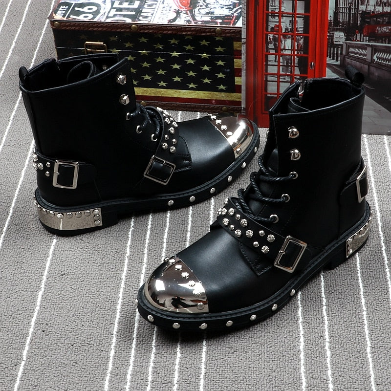 Bottes Marque De Luxe Hommes Rivets Punk Bottes Printemps Automne Hommes Bottes En Métal High Top Hommes Sneakers - kadopascher.com
